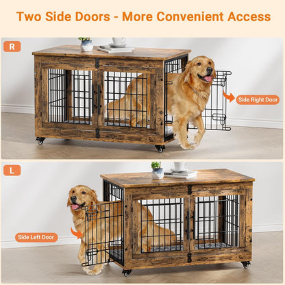 Lulive Dog Crate Furniture Set of 2, Dog Kennel Indoor Double Doors Wooden Dog Cage, 38'' Heavy Duty Dog Crate with Cushion & Wheels, End Table Pet House Chew-Resistant Up to 70 lb, Rustic Brown