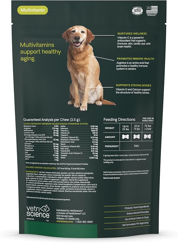VetriScience Senior 27+ Active Health Chews, Canine Plus Daily Multivitamin for Senior Dogs, Balanced Vitamins, Minerals and Antioxidants, Healthy Aging and Wellness Support, Veggie, 60 Count