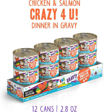 Weruva B.F.F. OMG - Best Feline Friend Oh My Gravy! Grain-Free Wet Cat Food Cans, Crazy 4 U! Chicken & Salmon, 2.8oz Can (Pack of 12)