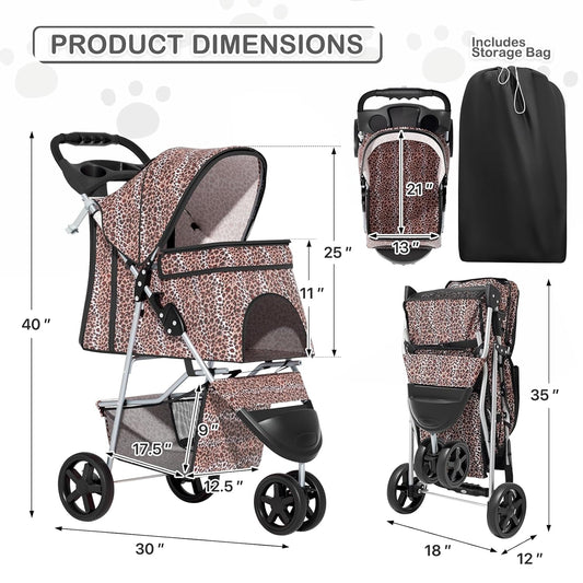 MoNiBloom 3 Wheels Pet Dog Cat Stroller for Small Medium Dogs Cats, Lightweight Foldable Jogger Stroller w/Storage Basket & Cup Holder, Leopard Print - Pawvie