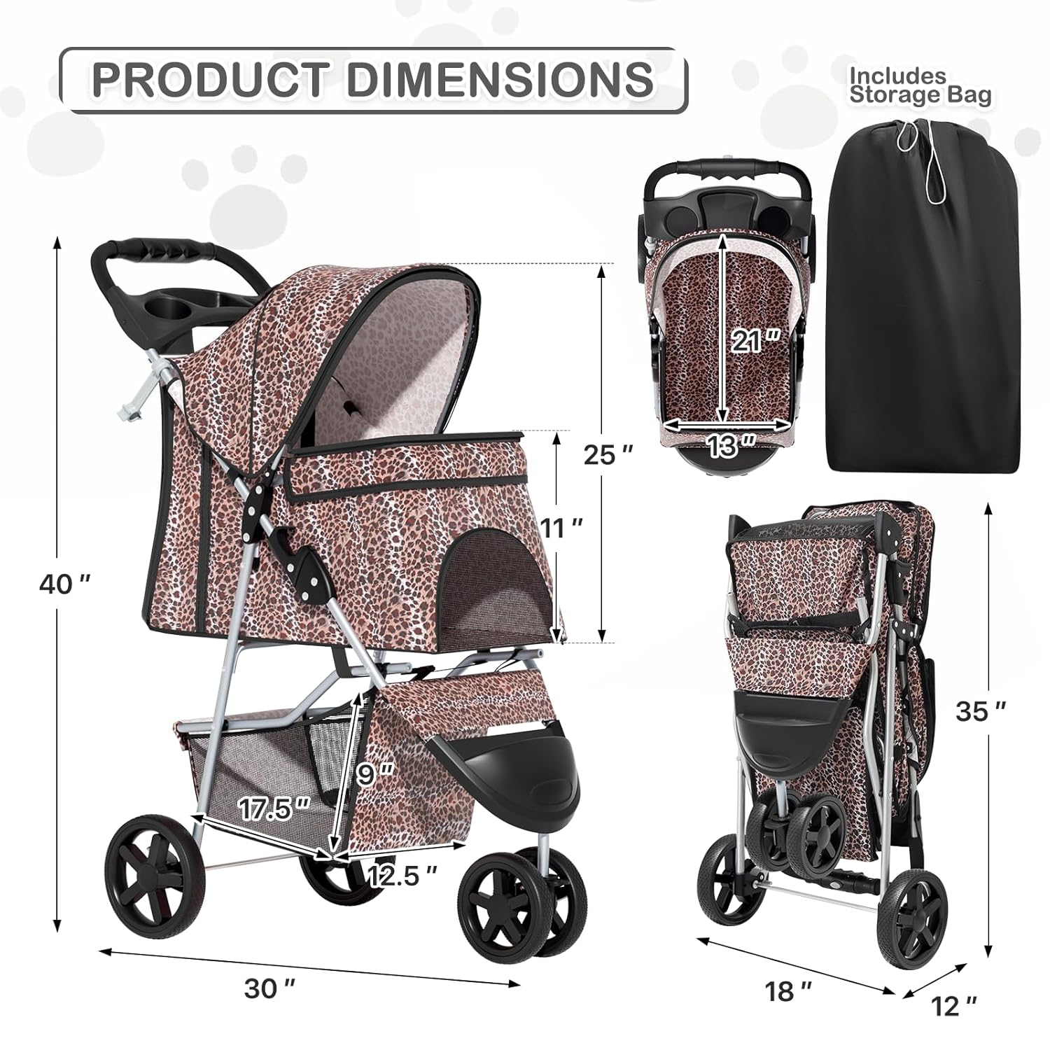 MoNiBloom 3 Wheels Pet Dog Cat Stroller for Small Medium Dogs Cats, Lightweight Foldable Jogger Stroller w/Storage Basket & Cup Holder, Leopard Print - Pawvie