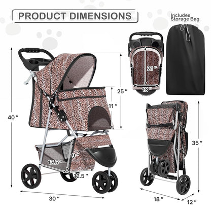 MoNiBloom 3 Wheels Pet Dog Cat Stroller for Small Medium Dogs Cats, Lightweight Foldable Jogger Stroller w/Storage Basket & Cup Holder, Leopard Print - Pawvie