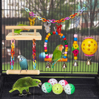 11Pcs Bird Parakeet Toys Wooden Bird Platform Stands Swing Hanging Chewing Toy Parrot Climbing Ladder Colorful Bird Cage Toys for Parakeet, Conure, Cockatiel, Love Birds, Finches