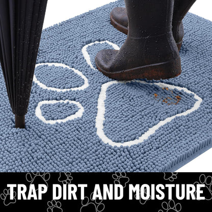 Smiry Dog Door Mat for Muddy Paws, Absorbent Dirt Trapper Non Slip Quick Dry Washable Chenille Mat for Mud Dogs, Entry Rug for Indoor and Outdoor (24x16 Inches, Airy Blue and White)