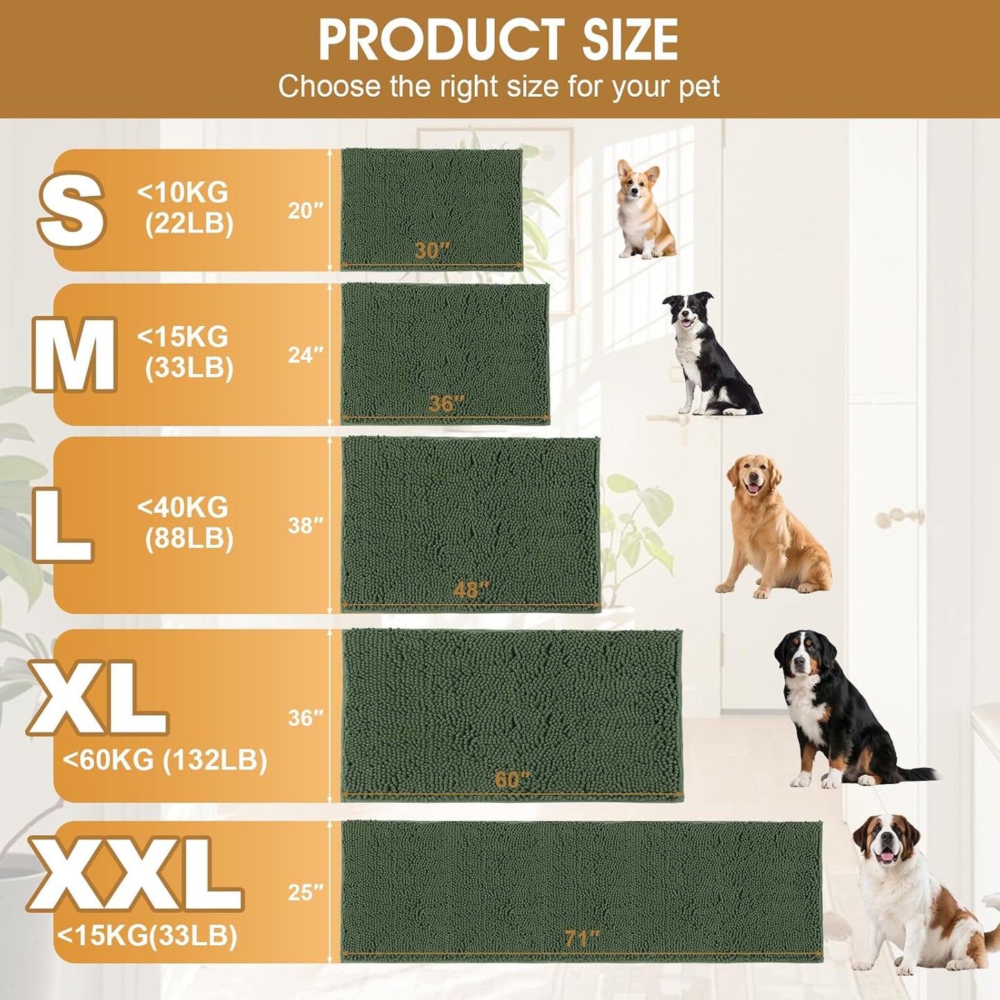 Dog Door Mats for Muddy Paws, Chenille Absorbent Door Mats, Non Slip Heavy Mud Mat for Dogs, Soft Indoor Door Mat for Entryway, Mud Paws, Inside Floor,36" X 24", Olive