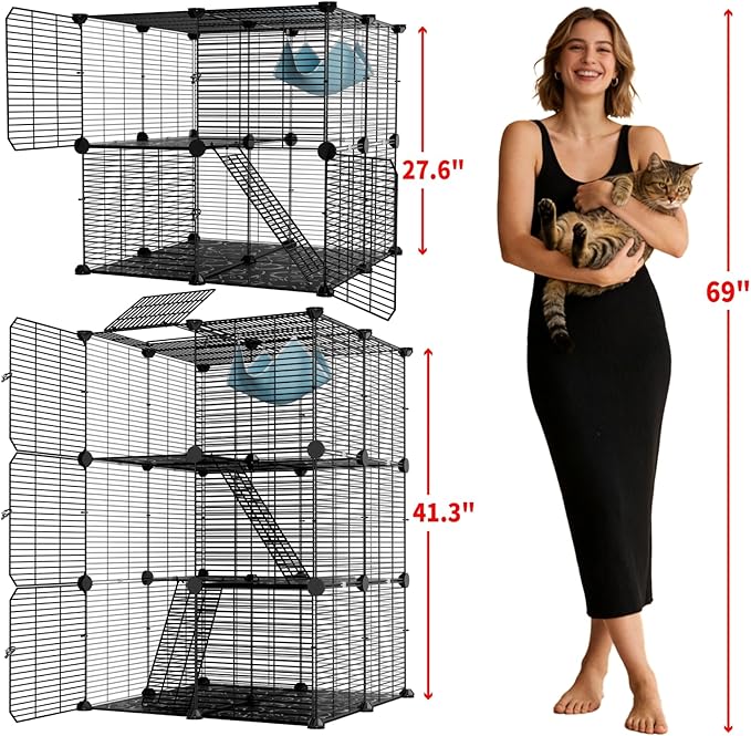 Large Cat Cage Indoor: Enclosed Cat Enclosure DIY Pet Playpen Detachable Metal Wire Kennel Sturdy Crate with Hammock for Cats Kitten
