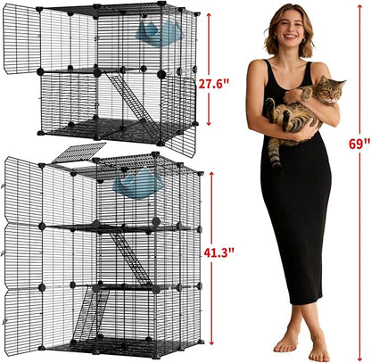 Large Cat Cage Indoor: Enclosed Cat Enclosure DIY Pet Playpen Detachable Metal Wire Kennel Sturdy Crate with Hammock for Cats Kitten