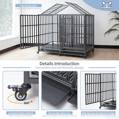 54 inch Heavy Duty Indestructible and Escape-Proof Dog Crate Cage Kennel for 1 XL or 2 Medium Dogs, Divider Panel, Removable Tray & Wheels, for High-Anxiety Dogs, Extra Large XL (Black)