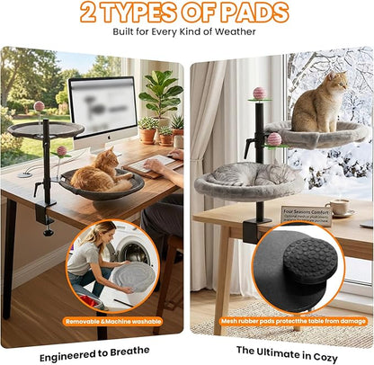 Double Cat Desk Bed, 360° Rotating & Adjustable Desk Mount with Soft Faux Fur & Breathable Mesh Accessories, Ergonomic Cat Perch for Remote Workers,Gamers, and Office Staff - Supports up to 44 lbs