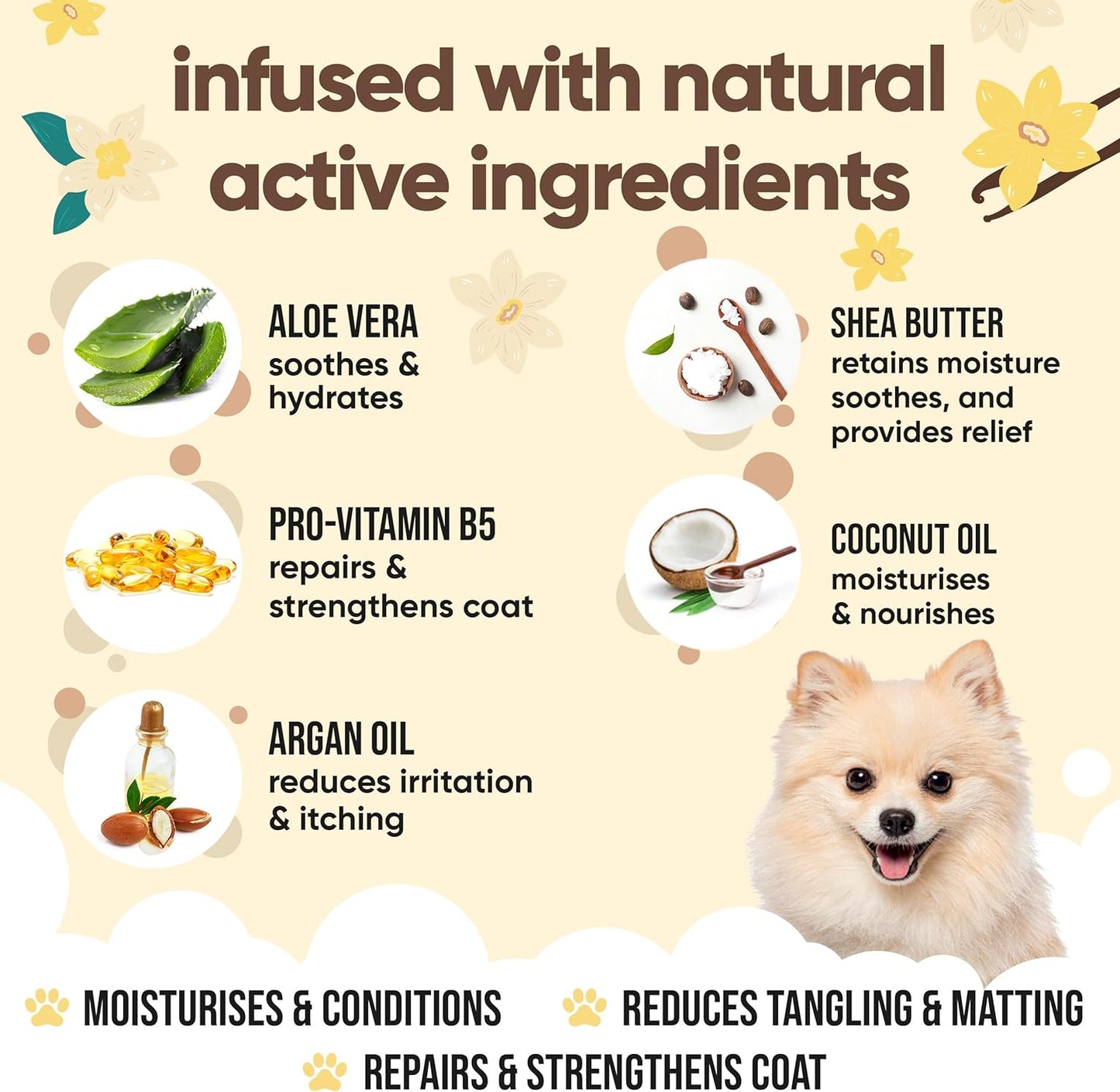 Vanilla & Shea Butter Dog Conditioner (16.90oz) Aloe Vera, Argan Oil & Pro Vitamin B5 to Detangle Matted Coats & Relieve Sensitive & Itchy Skin, Suitable for Puppies from 8 Weeks, Vegan