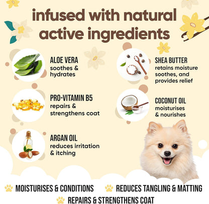 Vanilla & Shea Butter Dog Conditioner (169.07oz) Aloe Vera, Argan Oil & Pro Vitamin B5 to Detangle Matted Coats & Relieve Sensitive & Itchy Skin, Suitable for Puppies from 8 Weeks, Vegan