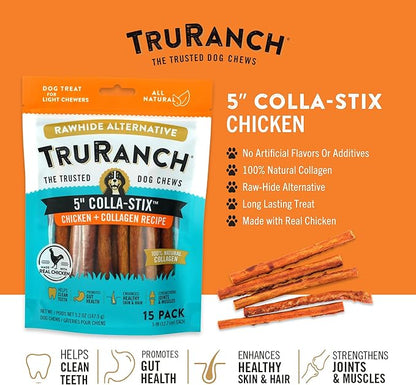 TRURANCH Collagen Sticks - 5" Collagen Sticks for Dogs - Long Lasting Healthy Joint Support - Rawhide Alternative - Skin & Coat Health - Made with Real Chicken, Value Pack, 3 Bags, 45 Count