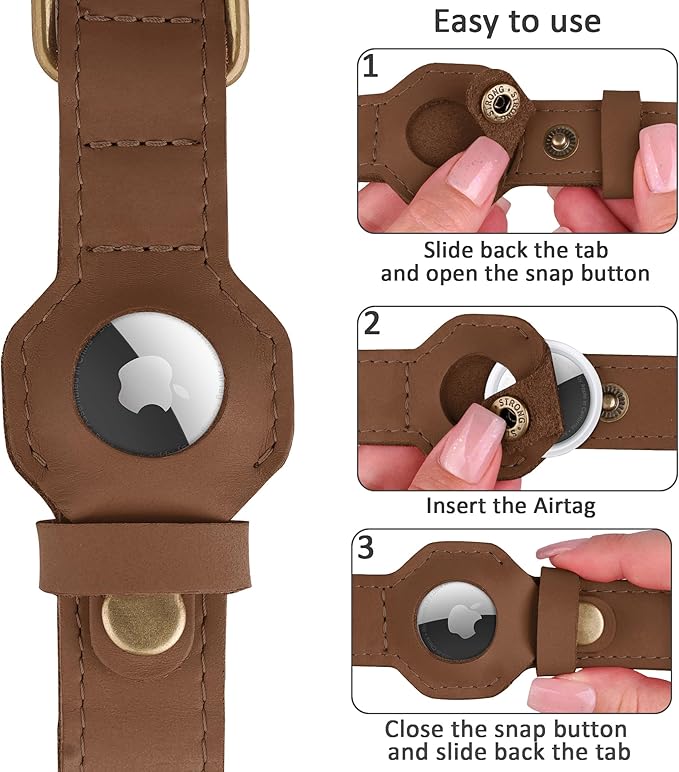 AirTag Dog Collar - Genuine Leather Dog Collar with Apple AirTag Holder and Metal Buckle - Smart GPS Tracking Pet Collars (Tawny, L, 17"-21" Neck Fit)
