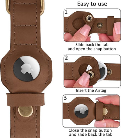AirTag Dog Collar - Genuine Leather Dog Collar with Apple AirTag Holder and Metal Buckle - Smart GPS Tracking Pet Collars (Tawny, L, 17"-21" Neck Fit)