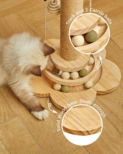 Cat Scratching Post, 4 in 1 Wooden Cat Scratcher Toy, 17.7" Tall Scratch Post with 2 Level Cat Track Balls, Interactive Feather Toy and 2 Sisal Hanging Balls for Indoor Kittens, Adult Cats