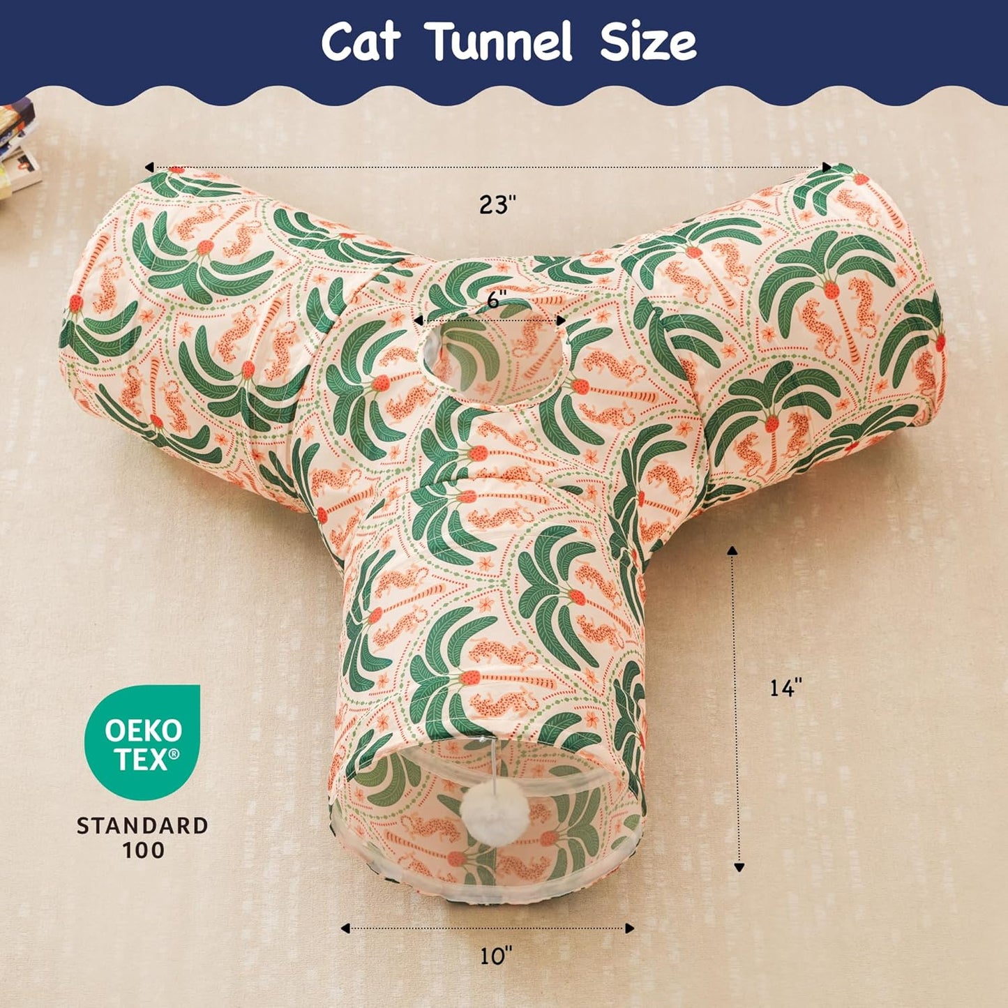 Tempcore Pet Cat Tunnel Tube Cat Toys 3 Way Collapsible, Cat Tunnels for Indoor Cats，Kitty Tunnel Bored Pet Toys Peek Hole Toy Ball Puppy, Kitty, Kitten, Rabbit Khaki Coconut Tree