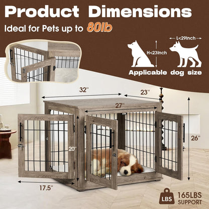 Dog Crate Furniture with Cushion, 32 inch Wooden Kennel Table with Double Doors, Indoor Dog House End Table for Small/Medium Dog, Grey (32x23x26in)