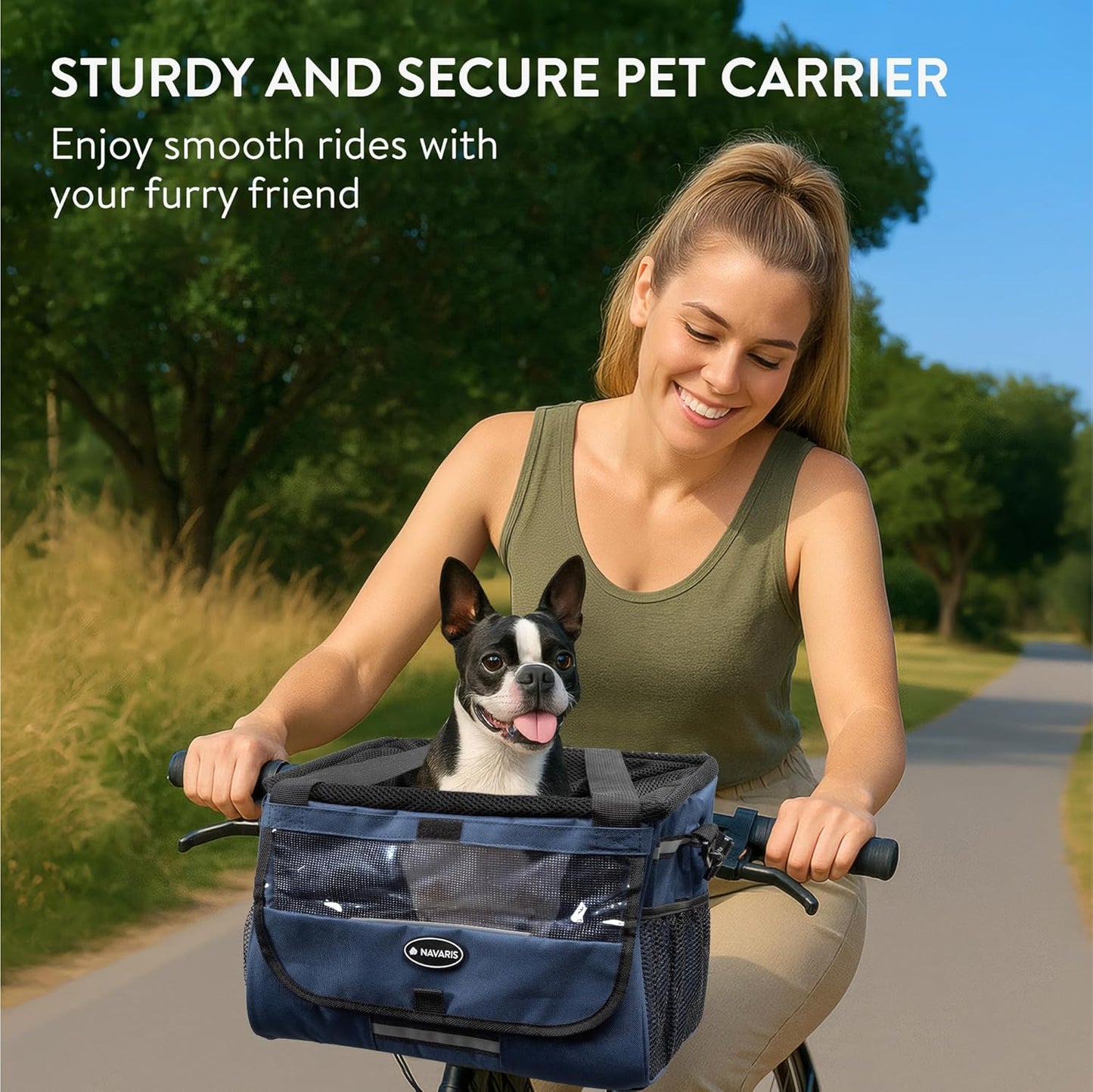 Navaris Pet Carrier for Bikes - Bike Basket Dog Carrier - Ideal Carriers for Small to Medium Dogs Up to 10kg (22lbs) - Drawstring Bag with Secure Locks and Strap - Blue