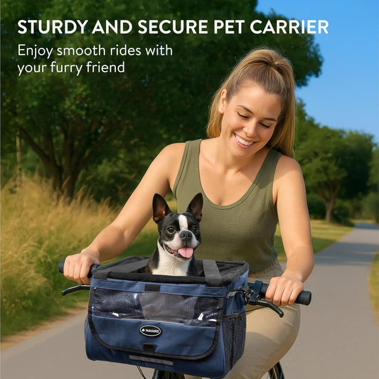 Navaris Pet Carrier for Bikes - Bike Basket Dog Carrier - Ideal Carriers for Small to Medium Dogs Up to 10kg (22lbs) - Drawstring Bag with Secure Locks and Strap - Blue