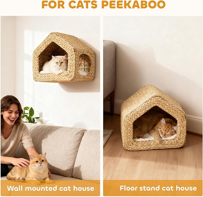 PawHut Wall Mounted Cat House, Cat Wall Condo Furniture with Washable Cushion, Kitty Shelf Bed for Indoor Cats Kittens, Natural