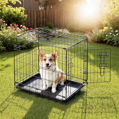 Dog Crate, 30 Inch Medium Wire Kennel with Divider Panel, Metal Cages with Double Door, Leak-Proof Pan Tray, Folding Portable for Indoor Outdoor Travel