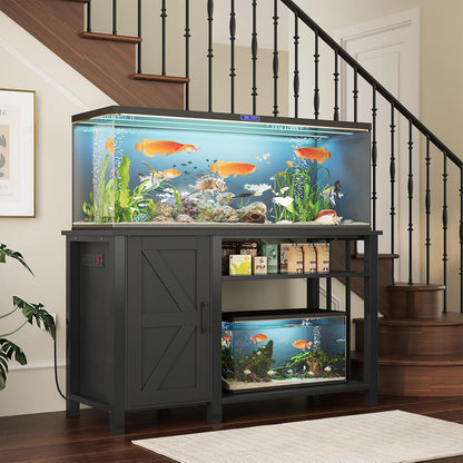Aquarium Stand with Power Outlets, 55-75 Gallon Heavy Duty Fish Tank Stand with Cabinet Storage & Adjustable Shelf, for Fish Tank, Turtle Tank, Reptile Terrarium, 1000LBS Capacity, Black