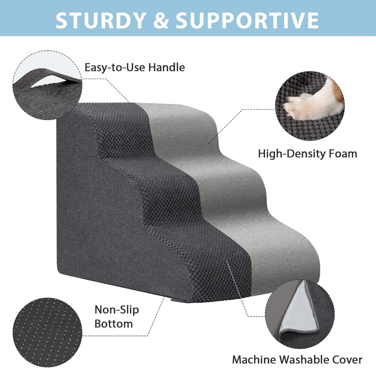 Dog Stairs for Couch Sofa and Chair, 3-Step Dog Steps for Small Dogs and Cats, Non-Slip Indoor Pet Step, Light Grey - Pawvie