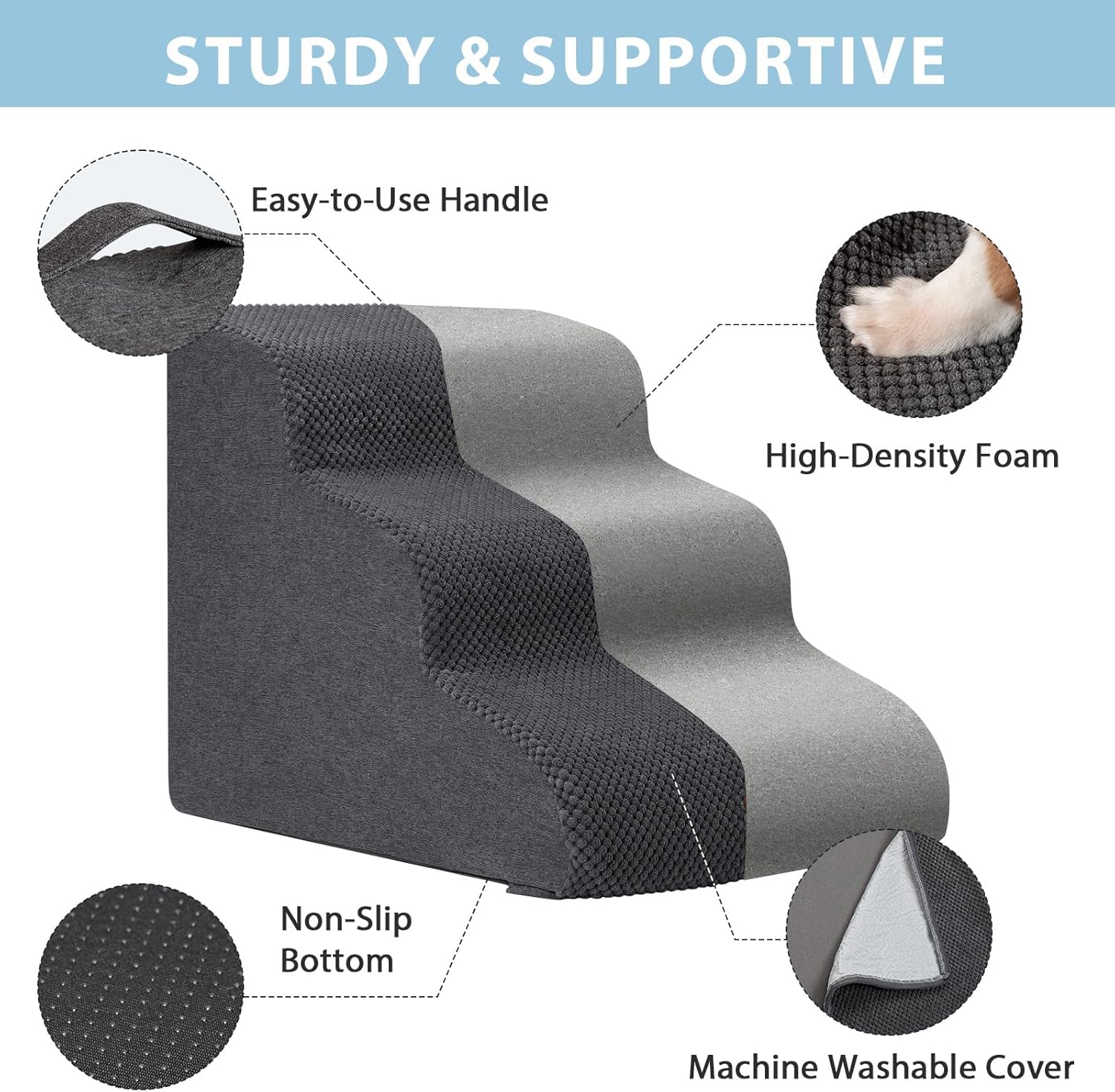 Dog Stairs for Couch Sofa and Chair, 3-Step Dog Steps for Small Dogs and Cats, Non-Slip Indoor Pet Step, Light Grey - Pawvie