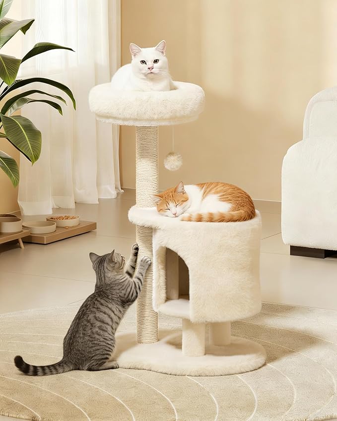 Cat Tree, 34.3 Inches Cat Tower with Scratching Post, Condo, Interactive Hanging Ball, Plush Perch for Indoor Large Cats, Beige