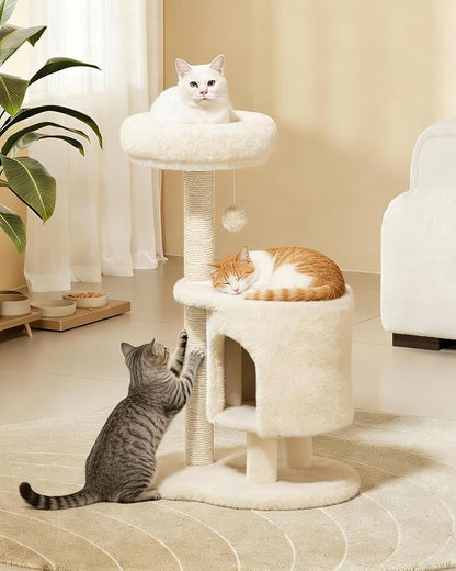 Cat Tree, 34.3 Inches Cat Tower with Scratching Post, Condo, Interactive Hanging Ball, Plush Perch for Indoor Large Cats, Beige