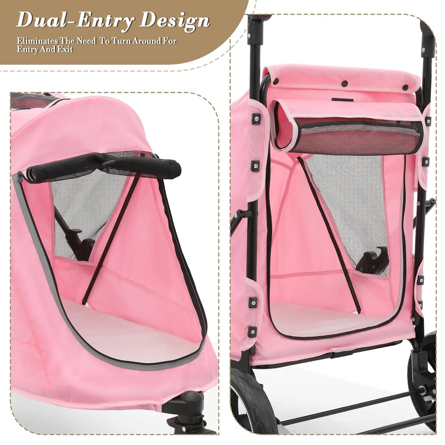 Athena Collection 3 Wheels Pet Stroller Fabric Dog Cart Dog Stroller for Large Dogs 55 Lbs Pet Stroller with Mesh Windows, Zipper Back Pocket, Safety Tether, Angle Adjustable Handlebar, Pink - Pawvie