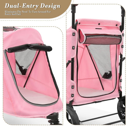 Athena Collection 3 Wheels Pet Stroller Fabric Dog Cart Dog Stroller for Large Dogs 55 Lbs Pet Stroller with Mesh Windows, Zipper Back Pocket, Safety Tether, Angle Adjustable Handlebar, Pink - Pawvie