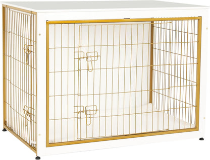 DWANTON Dog Crate Furniture with Cushion, Wooden Kennel Table with Double Doors, Indoor Dog House, Extra Large Size, 43.3" L, White+Gold