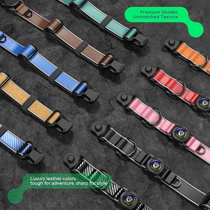 WhoseID Premium Leather Dog Collar - AirTag Dog Collar | Fur-Safe Magnetic Buckle | IPX8 Waterproof Reflective Small Dog Collar with AirTag Holder