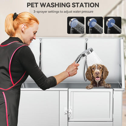 YITAHOME Dog Grooming Bathtub, Professional Stainless Steel 304 Dog Bathing Station w/Right Ramp, Faucet, Floor Grate, 50in Pet Washing Station for Large, Medium, Small Pets