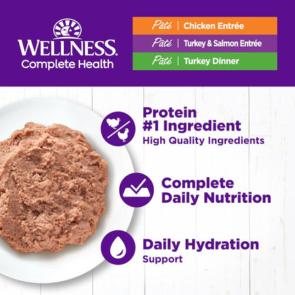 Wellness Complete Health Pate Adult Wet Cat Food, Natural, Protein-Rich, Grain-Free, 3 Ounce, 24 Pack, (Chicken & Turkey Variety Pack)