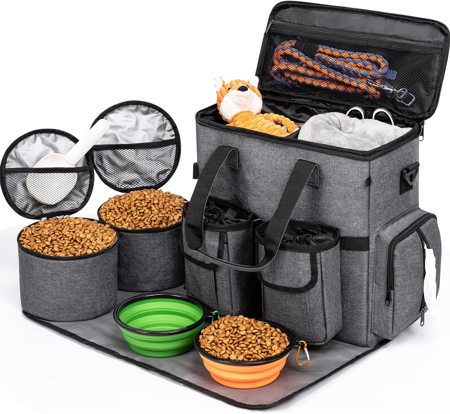 Modoker Dog Travel Bag Backpack, Airline Approved Pet Accessories Organizer for Dog and Cat with Shoulder Strap, 2 Dog Food Storage Containers, 2 Collapsible Dog Bowls,1 Pet Mat, Rose Red - Pawvie