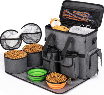 Modoker Dog Travel Bag Backpack, Airline Approved Pet Accessories Organizer for Dog and Cat with Shoulder Strap, 2 Dog Food Storage Containers, 2 Collapsible Dog Bowls,1 Pet Mat, Rose Red - Pawvie