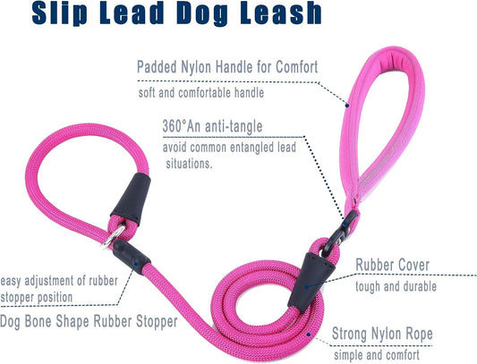 Slip Lead Dog Leash,Strong Nylon Rope Leash and Padded Handle,No Pull Outdoor Walking Training Lead for Small Medium Large Dogs(Fuchsia,1/2"×4ft)