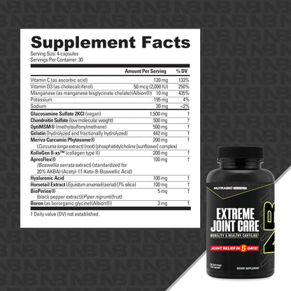 NutraBio Extreme Joint Care - Joint Support Supplement - Joint Health Supplement, Supports Joints, Mobility, and Cartilage - 120 Capsules