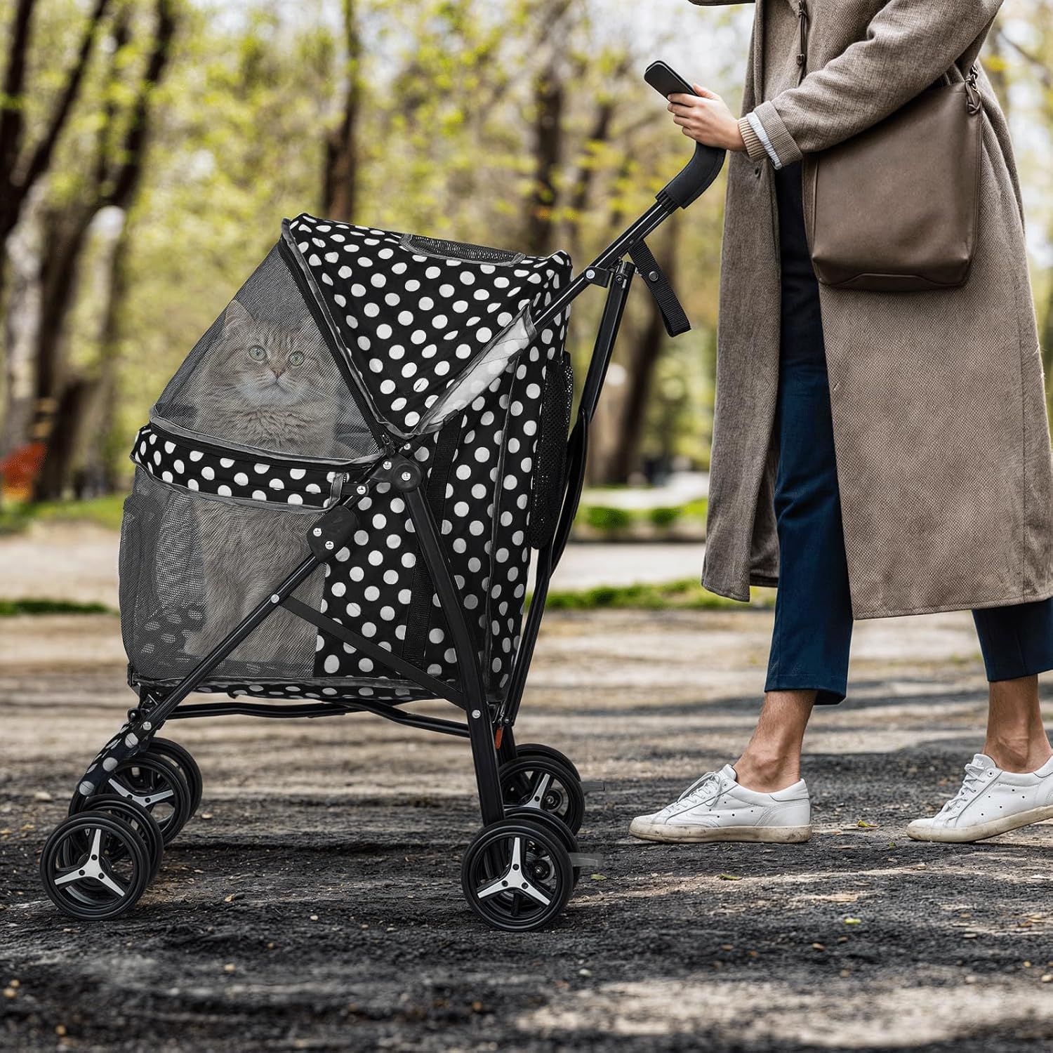 MoNiBloom 4 Wheels Pet Stroller, Easy-Fold Umbrella Shaped Dog Cat Jogger Stroller w/Storage Bag & Visible Mesh for Small/Medium Dogs Cats Black Polka Dots - Pawvie