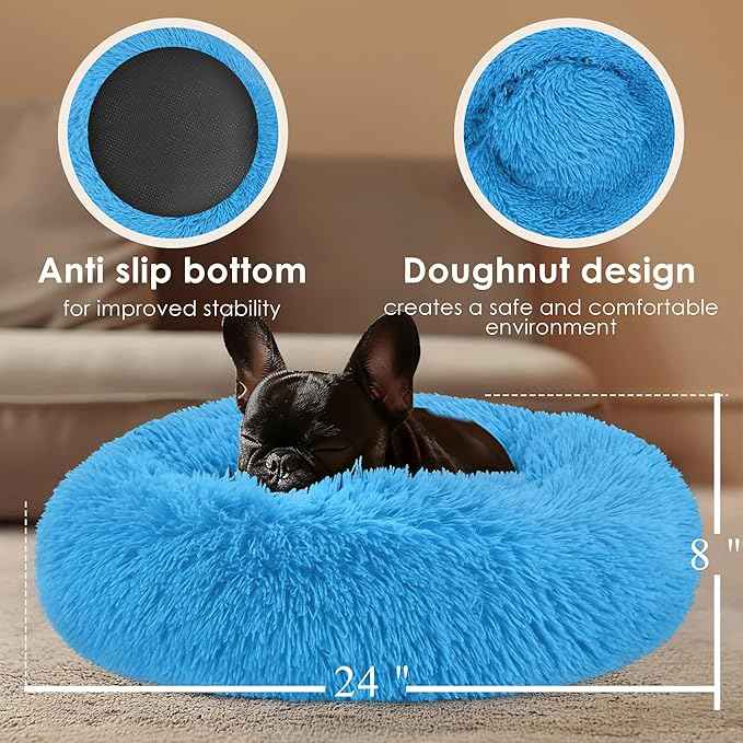 Dogs Bed for Small Dogs, Anti-Anxiety Washable Round Bed (Light Blue, 24.0" L x 24.0" W x 8.0" Th)
