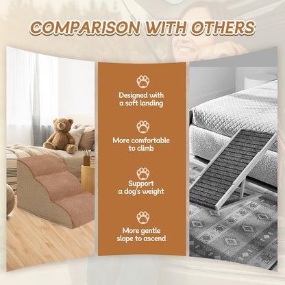Romrol Dog Stairs Ramp for High Beds Couches, High Density Foam Pet Steps with Durable Non-Slip Waterproof Fabric Cover, Dog Stairs for Small Dogs or Cats or Pets, 3-Step,15 Inch,Light Brown - Pawvie