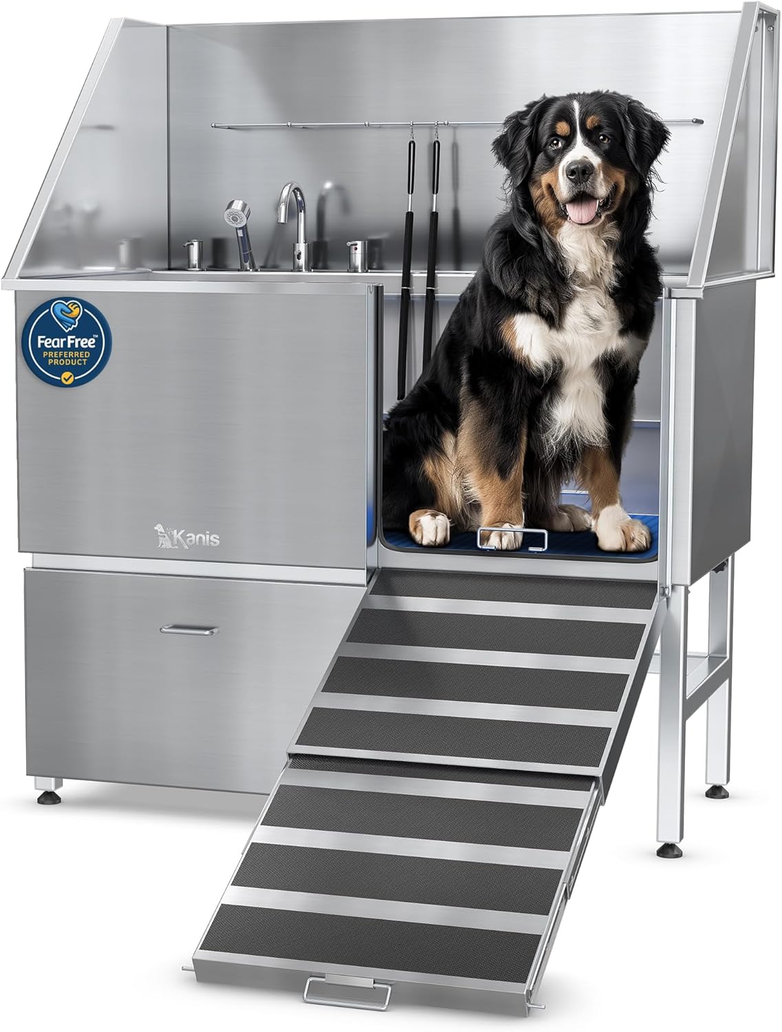 KANIS Professional Dog Washing Station - 304 Stainless Steel Pet Wash Sink & Grooming Bath Tub for Home with Ramp, Shower, Floor Grate, Storage Drawer, Faucet, Drain Kit for Large, Medium & Small Pets