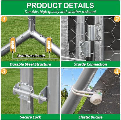 Large Metal Chicken Coop, Walk-in Chicken Run Pen with Waterproof Cover, Spire Roof Poultry Cage Run for Outdoors, Backyard, Farm(9.7'Wx12.99'Lx6.4'H)