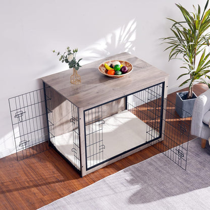 DWANTON Dog Crate Furniture with Cushion, Wooden Kennel Table with Double Doors, Indoor Dog House, Extra Large Size, 43.3" L, Greige
