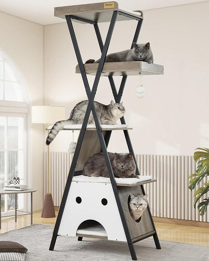 Modern Wood Cat Tree Tower for Indoor Cats Large Adult - 67 Inch Tall Multi-Level Heavy Duty Cat Condo Trees Furniture with Caves Perch Bed Scratching Board - XL Big Sturdy Wooden Kitty House