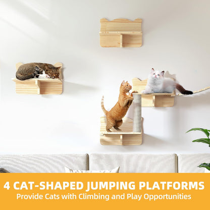 Cat Wall Shelves, Cat Wall Furniture Pine Wooden Feline Shelf, 9 Piece Shelves and Perches with Bed, House, Steps, Bridge Ladder and Scratching Post