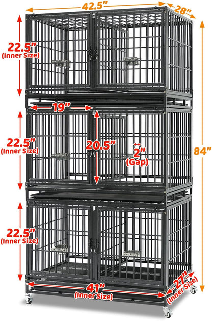 Homey Pet 3 Pack Three Tiers 43 inch Stackable Heavy Duty Dog Crate with Wheels, Indestructible Steel Dog Cage Kennel Indoor with Detachable Divider, Trays, Feeding Bowls, Escape Proof Locks