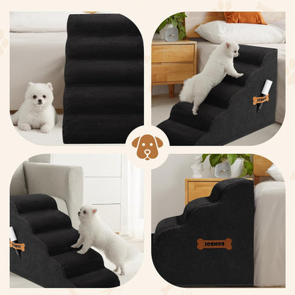 Dog Stairs, Romrol Dog Steps Ramp for High Bed and Couch, Dogs Ramp with Durable Non-Slip Waterproof Fabric Cover, Pet Stairs for Small Dogs and Cats or Pets Joints, 4-TiersBlack - Pawvie